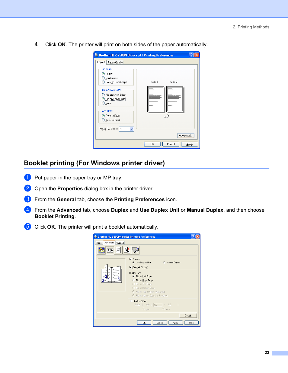 Booklet printing (for windows printer driver) 2, Booklet printing (for windows printer driver) | IBM HL-5250DN User Manual | Page 31 / 139