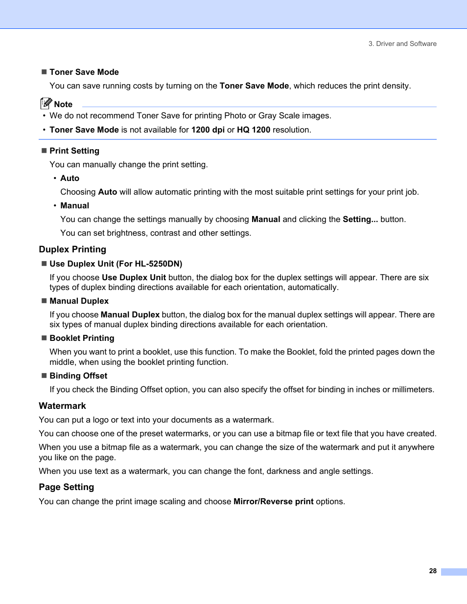 Duplex printing, Watermark | IBM HL-5250DN User Manual | Page 36 / 139