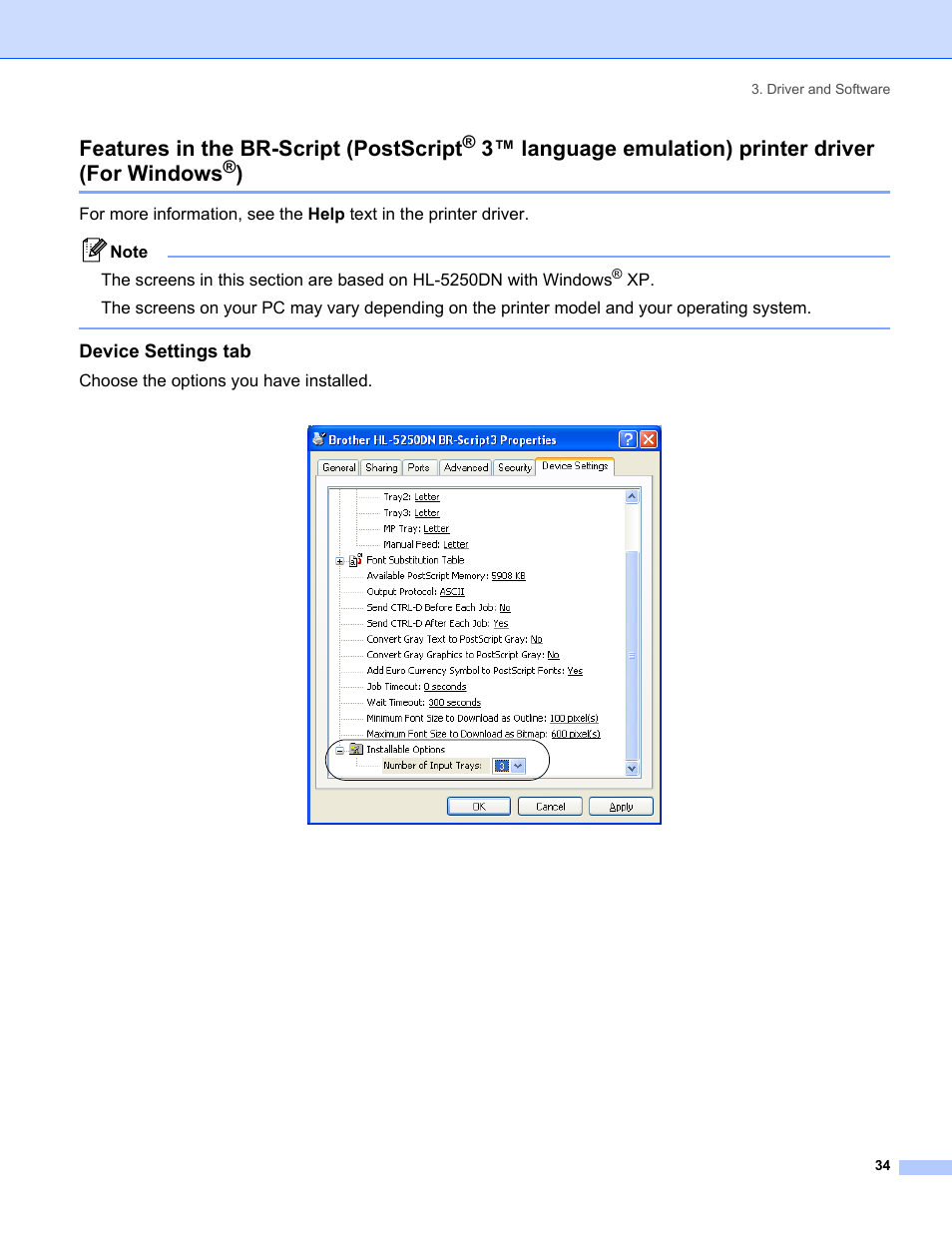 Device settings tab, Features in the br-script (postscript, 3™ language emulation) printer driver (for windows | IBM HL-5250DN User Manual | Page 42 / 139