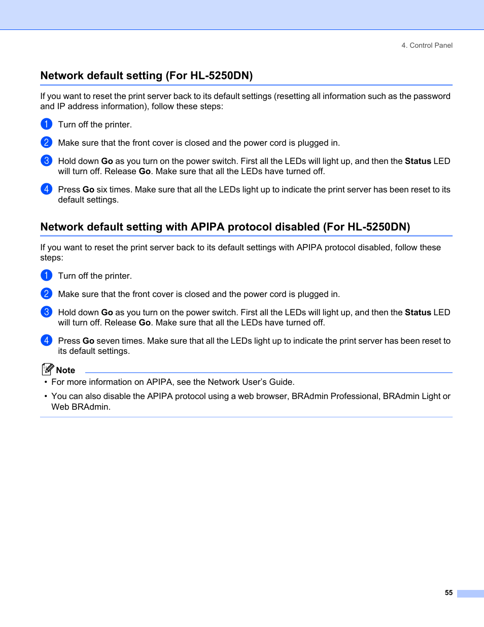 Network default setting (for hl-5250dn) | IBM HL-5250DN User Manual | Page 63 / 139