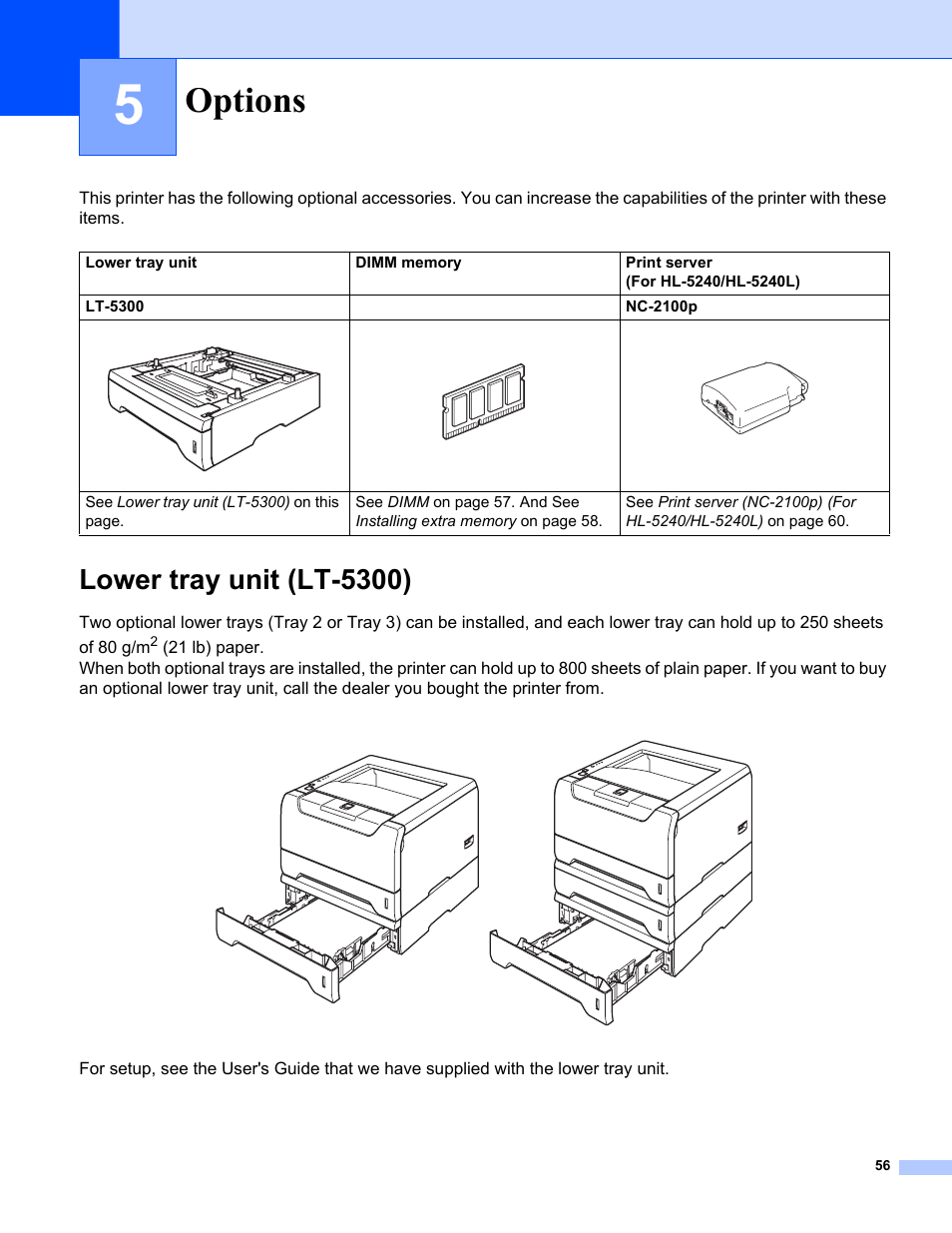 Options, Lower tray unit (lt-5300) | IBM HL-5250DN User Manual | Page 64 / 139