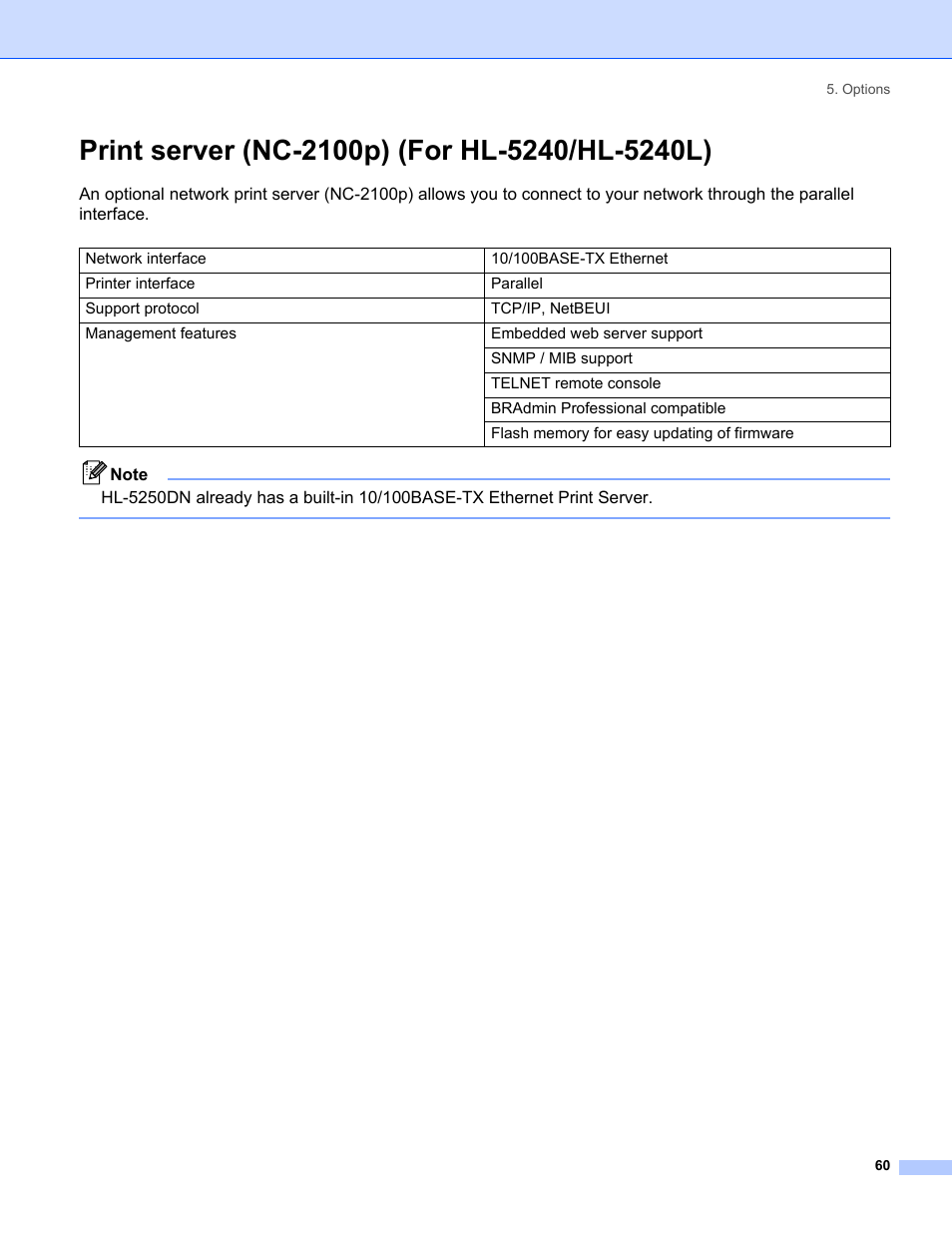 Print server (nc-2100p) (for hl-5240/hl-5240l) | IBM HL-5250DN User Manual | Page 68 / 139