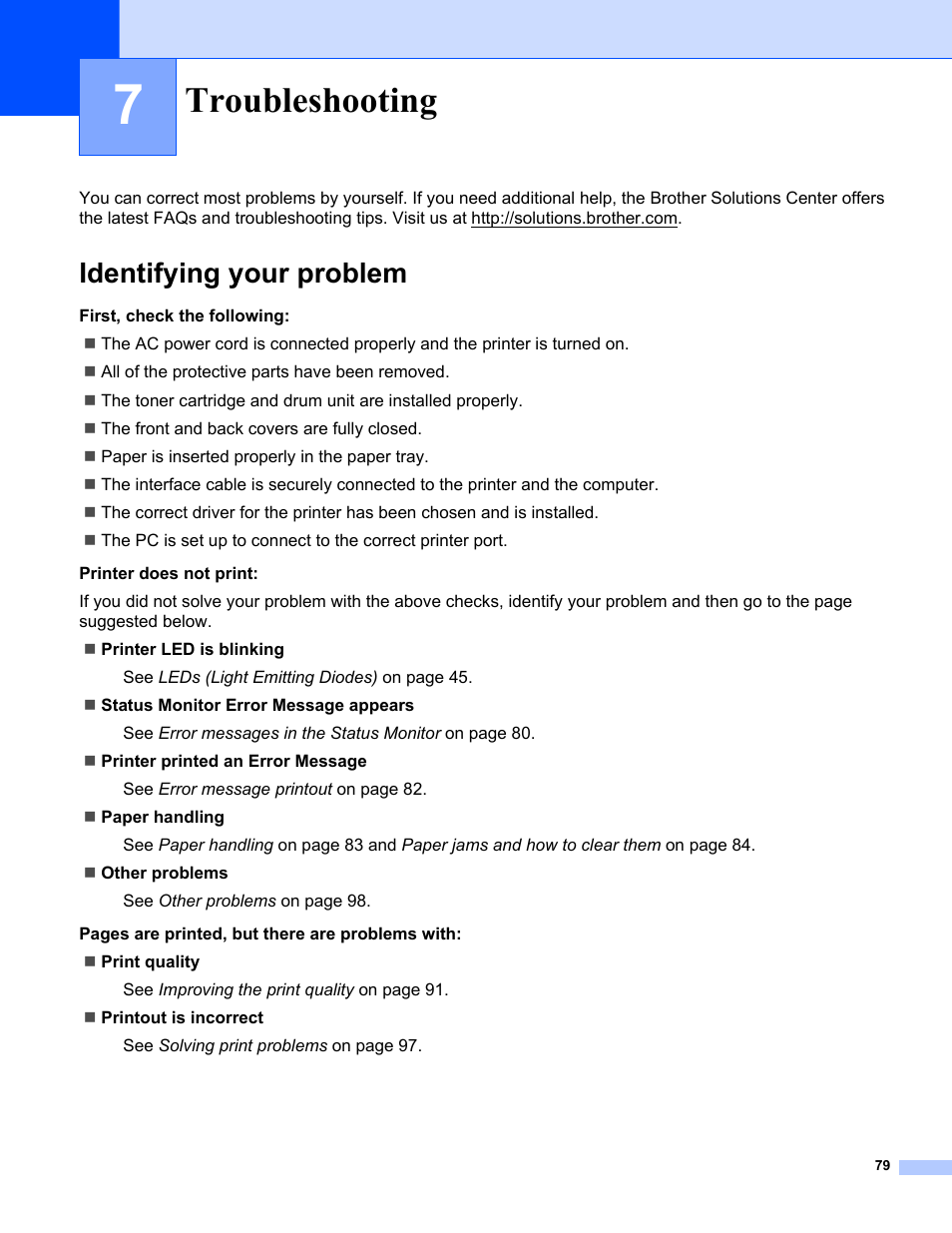 Troubleshooting, Identifying your problem | IBM HL-5250DN User Manual | Page 87 / 139