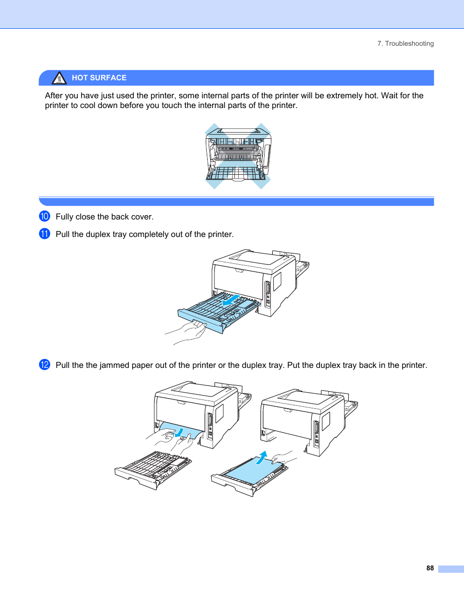 Fully close the back cover, Pull the duplex tray completely out of the printer | IBM HL-5250DN User Manual | Page 96 / 139