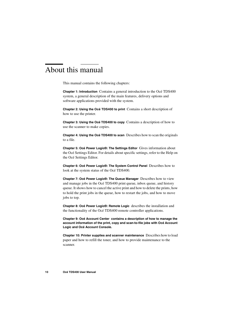 About this manual, About this manual 10 | IBM Oce TDS400 User Manual | Page 10 / 239