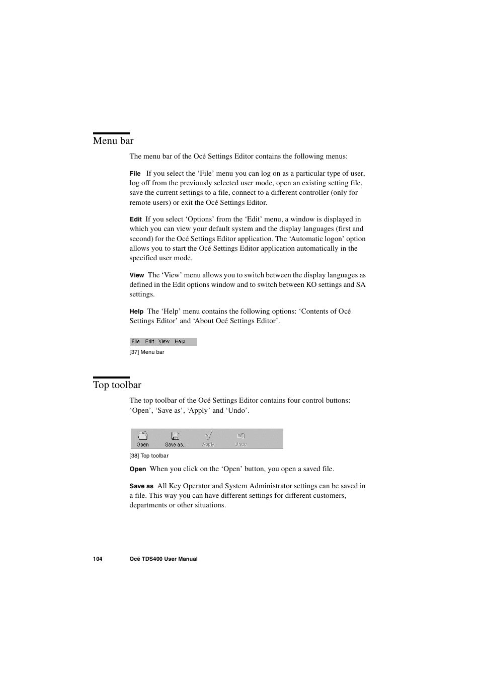 Menu bar, Top toolbar, Menu bar 104 top toolbar 104 | IBM Oce TDS400 User Manual | Page 104 / 239