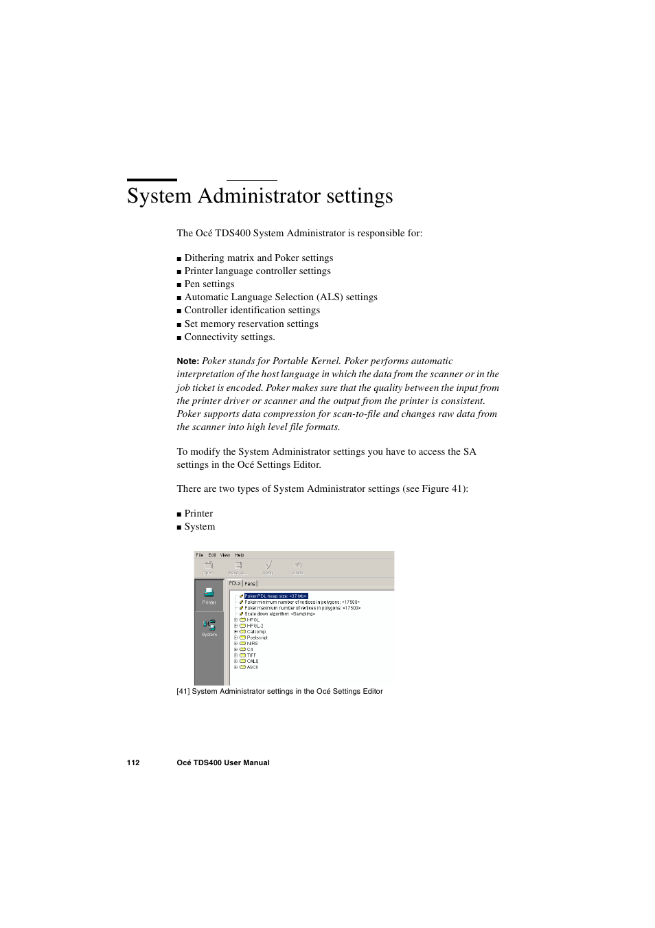 System administrator settings, System administrator settings 112 | IBM Oce TDS400 User Manual | Page 112 / 239