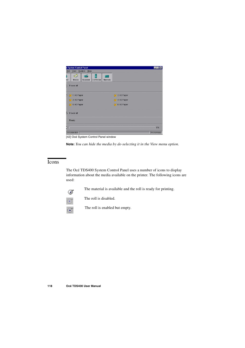 Icons, Icons 118 | IBM Oce TDS400 User Manual | Page 118 / 239