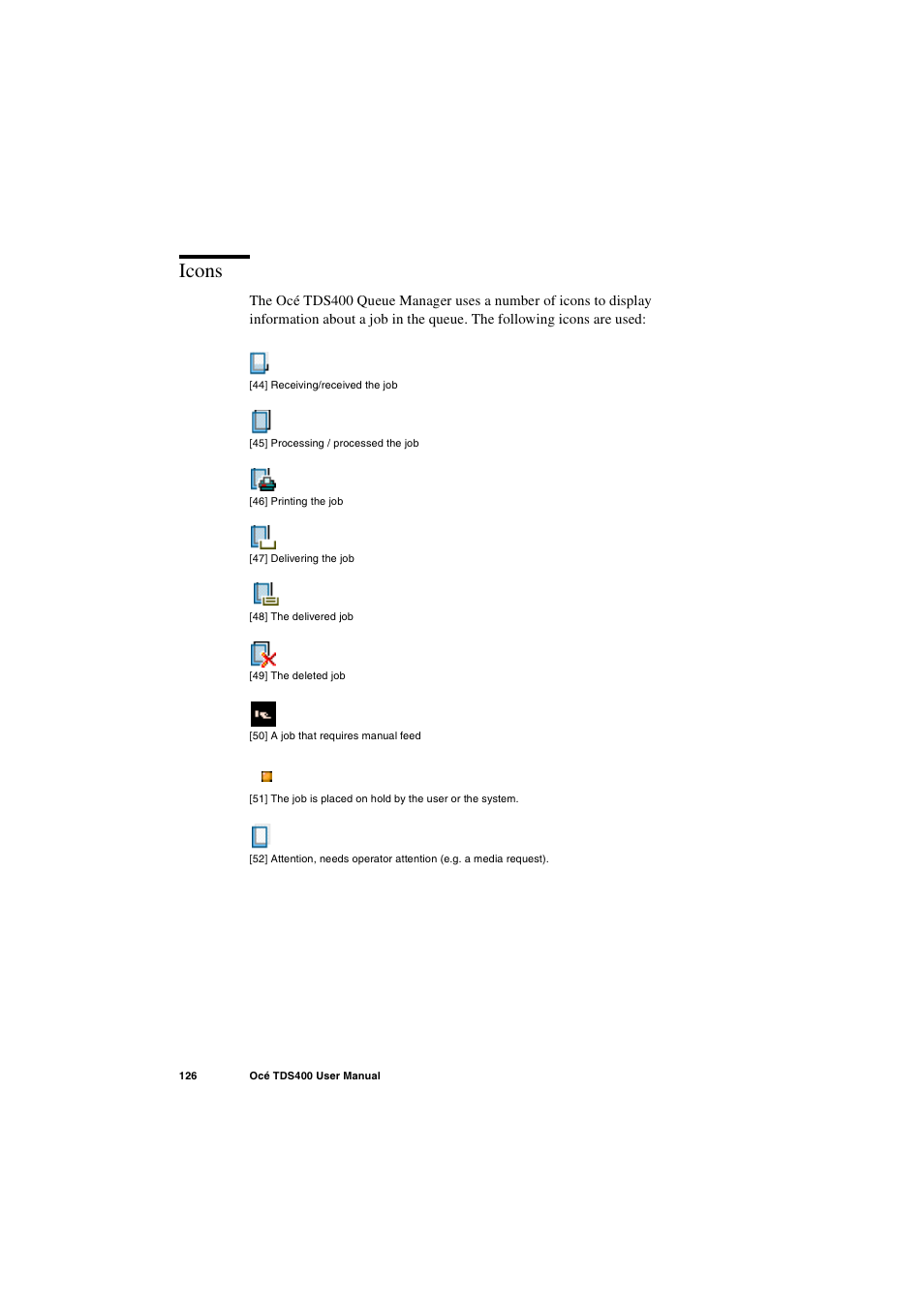 Icons, Icons 126 | IBM Oce TDS400 User Manual | Page 126 / 239