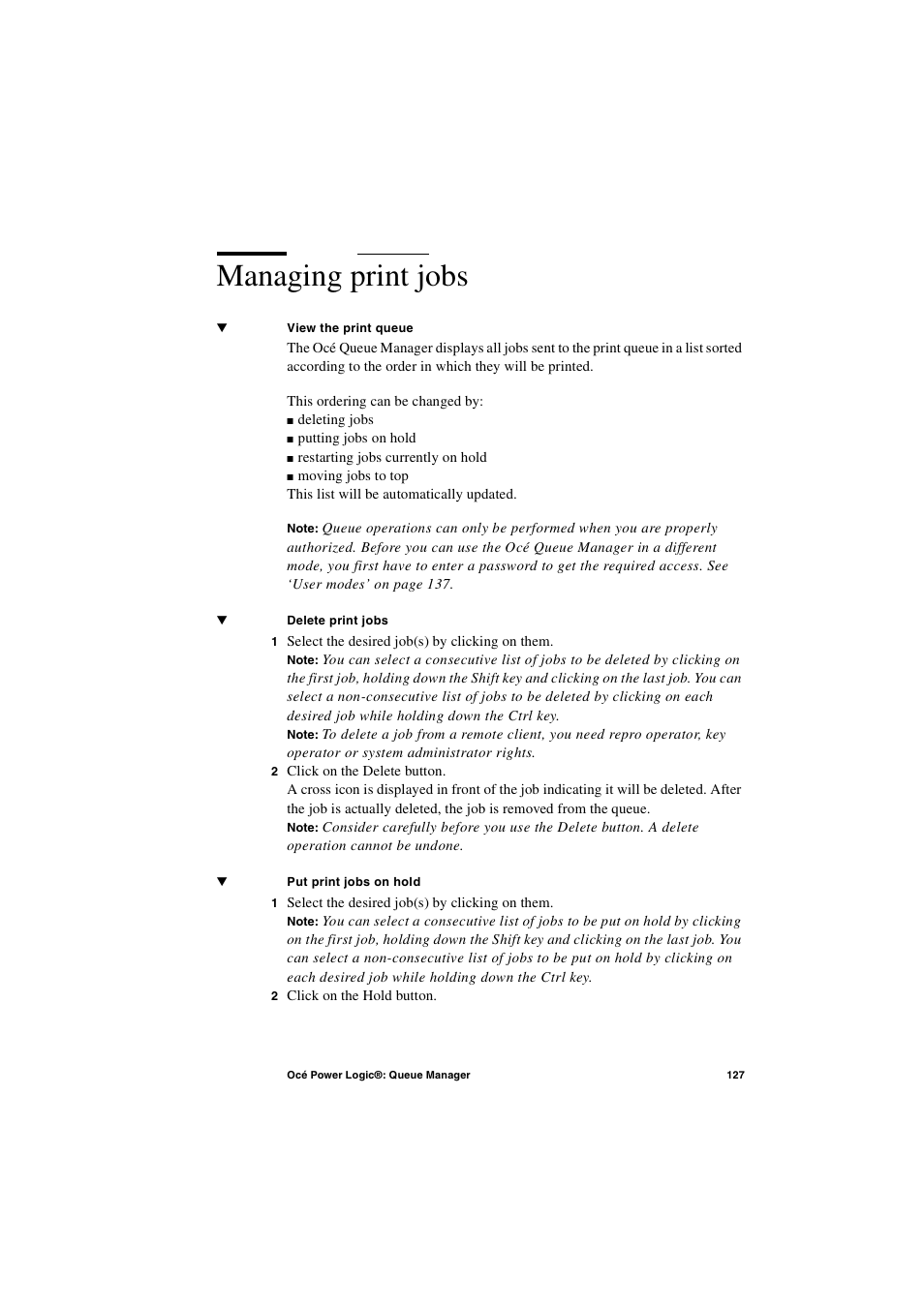 Managing print jobs, Managing print jobs 127 | IBM Oce TDS400 User Manual | Page 127 / 239