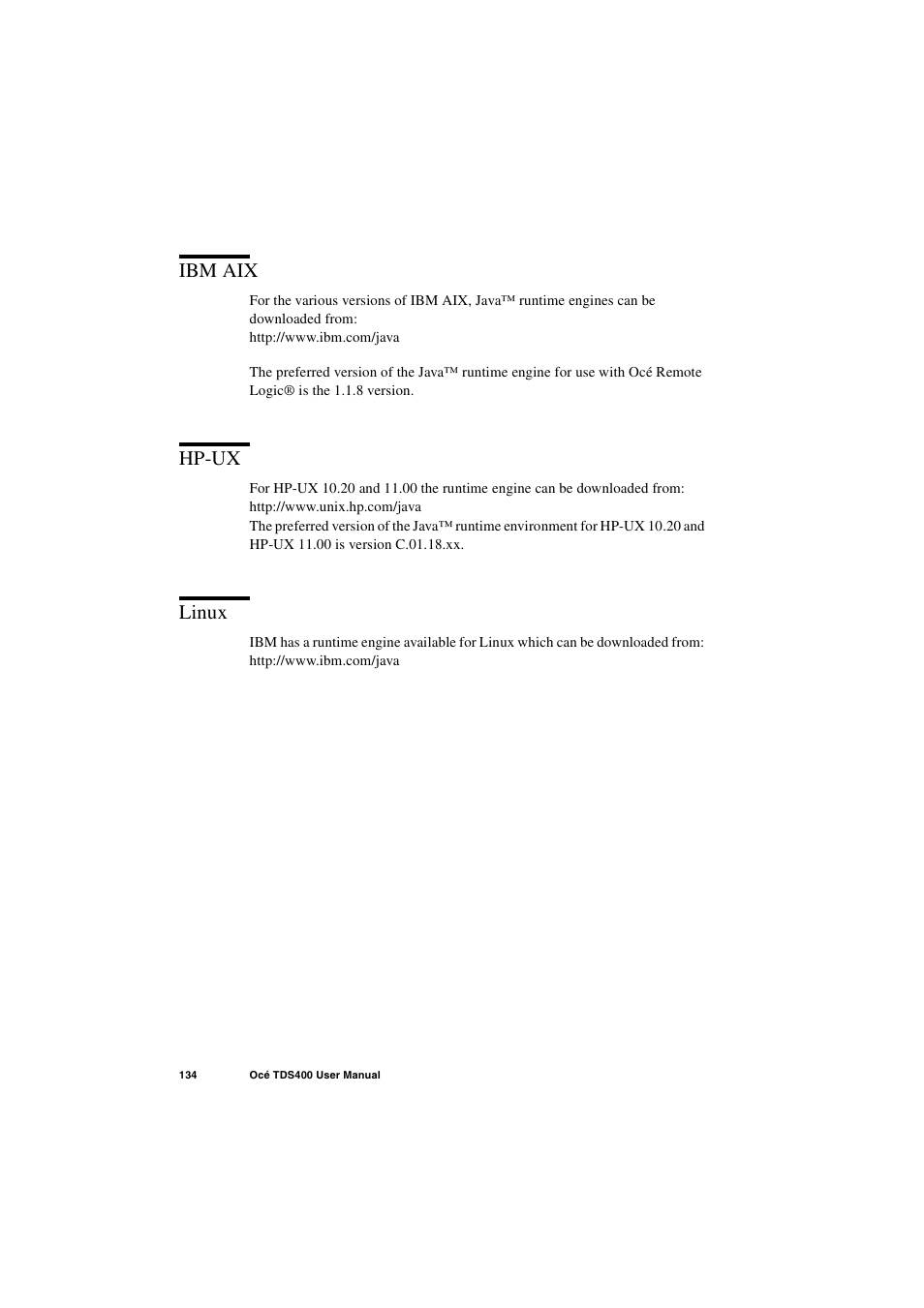 Ibm aix, Hp-ux, Linux | Ibm aix 134 hp-ux 134 linux 134 | IBM Oce TDS400 User Manual | Page 134 / 239