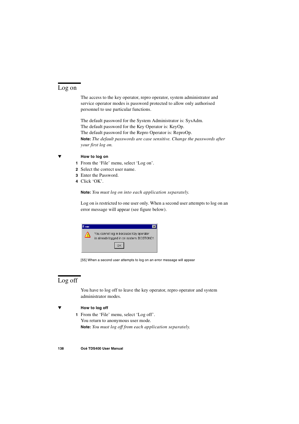 Log on, Log off, Log on 138 log off 138 | IBM Oce TDS400 User Manual | Page 138 / 239