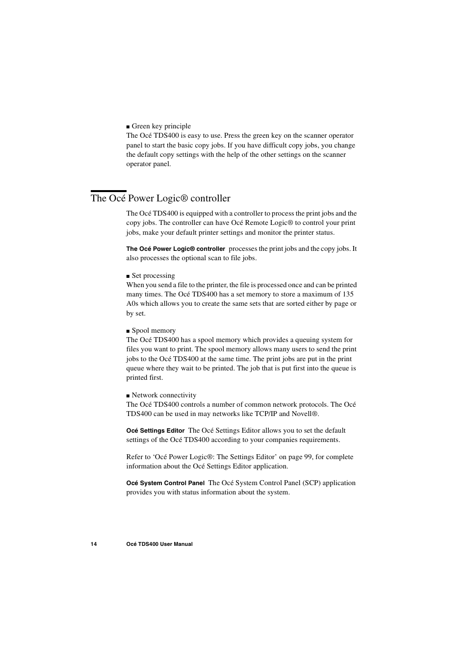 The océ power logic® controller, The océ power logic® controller 14 | IBM Oce TDS400 User Manual | Page 14 / 239