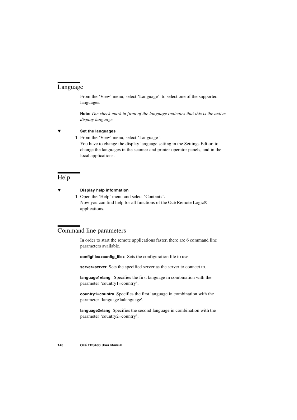 Language, Help, Command line parameters | Language 140 help 140 command line parameters 140 | IBM Oce TDS400 User Manual | Page 140 / 239