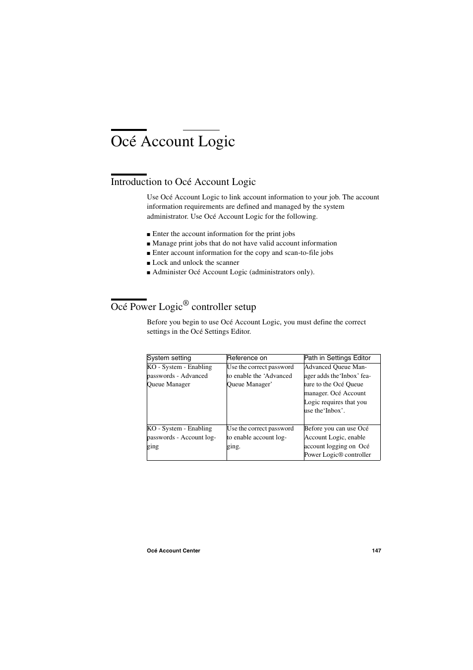 Océ account logic, Introduction to océ account logic, Océ power logic® controller setup | Océ account logic 147, Océ power logic, Controller setup | IBM Oce TDS400 User Manual | Page 147 / 239