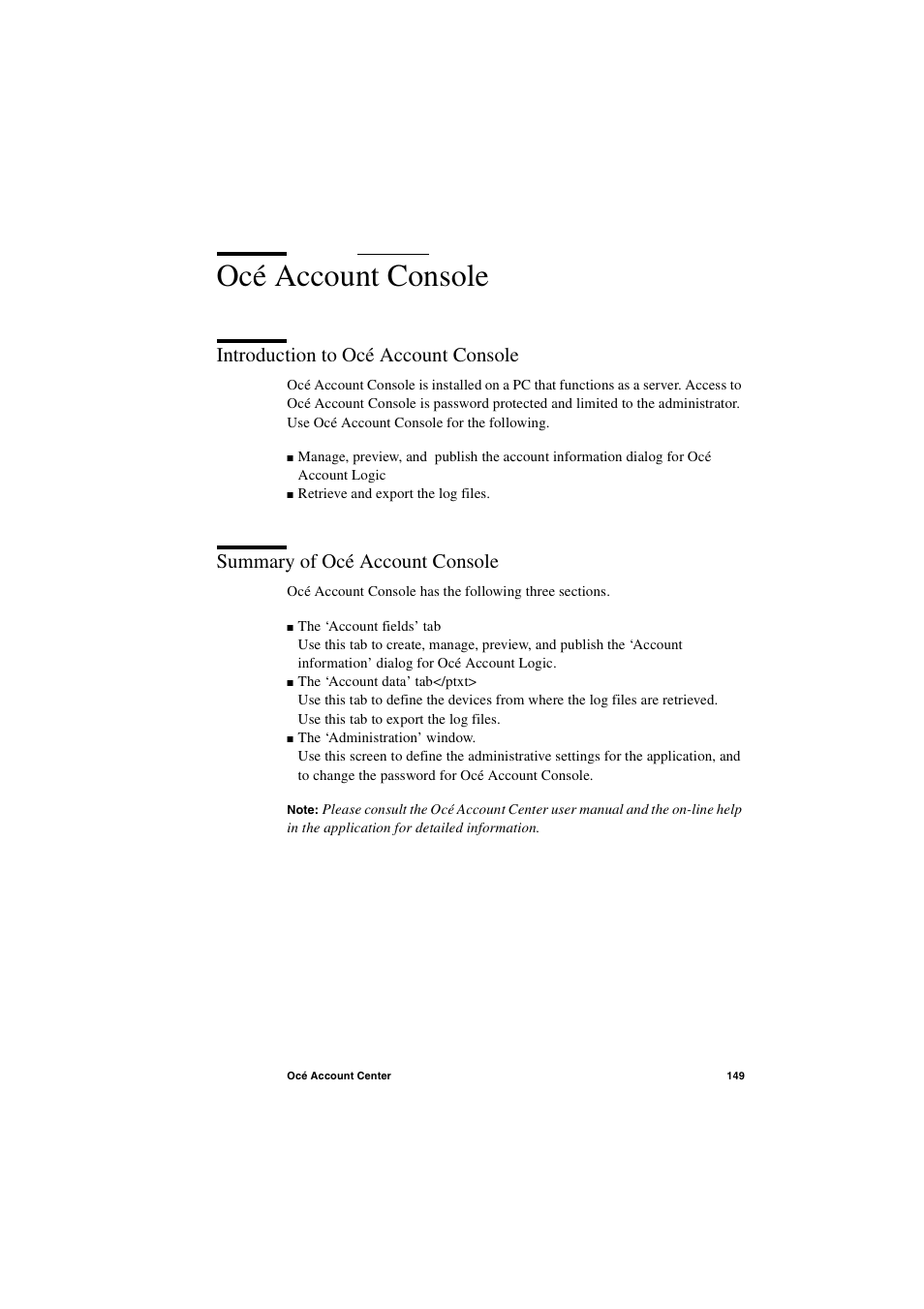 Océ account console, Introduction to océ account console, Summary of océ account console | Océ account console 149 | IBM Oce TDS400 User Manual | Page 149 / 239