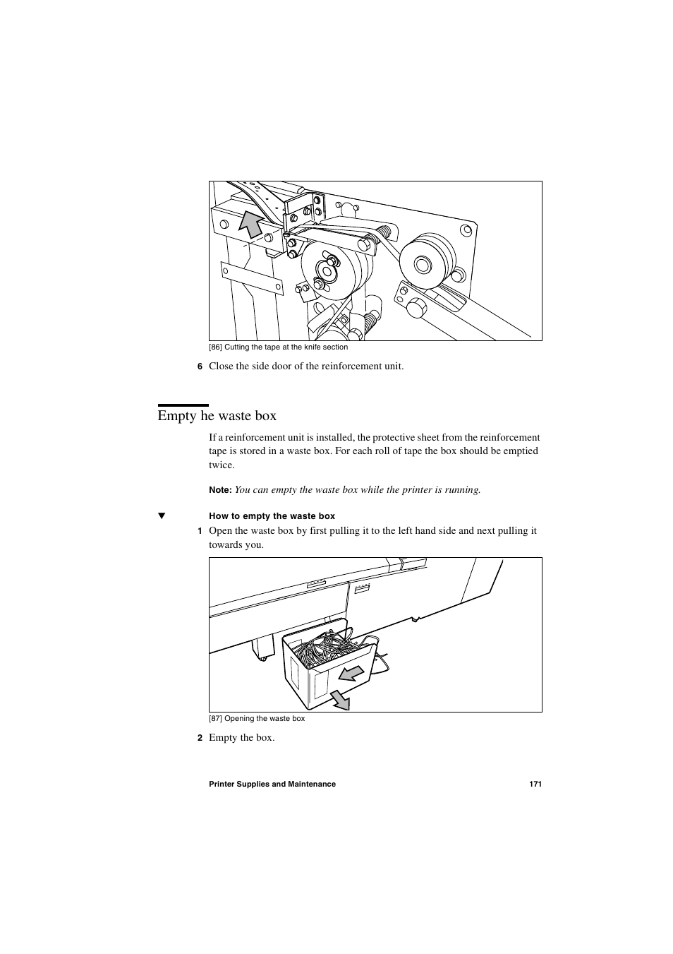 Empty he waste box, Empty he waste box 171 | IBM Oce TDS400 User Manual | Page 171 / 239