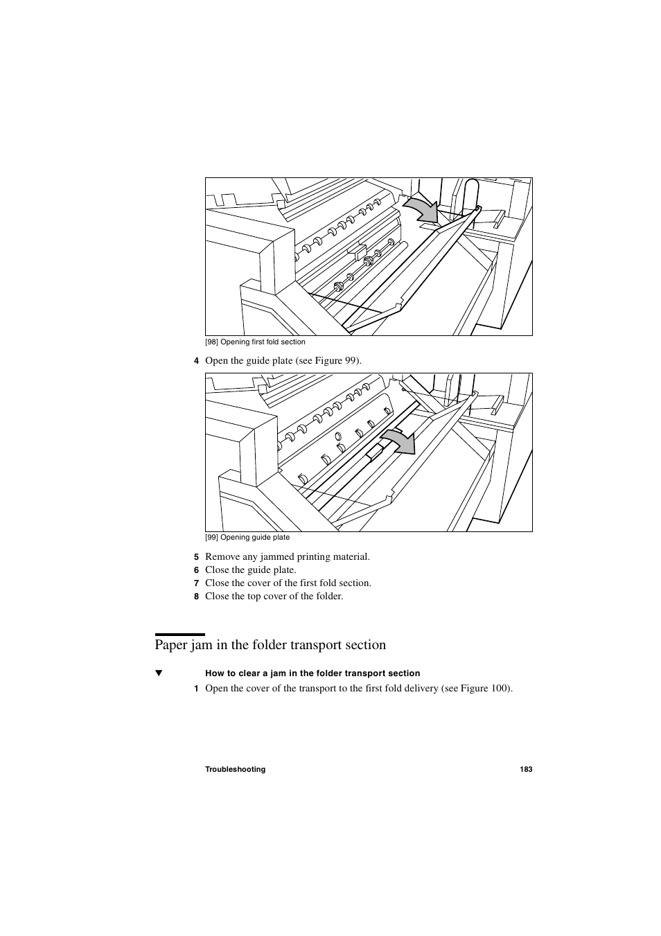 Paper jam in the folder transport section, Paper jam in the folder transport section 183 | IBM Oce TDS400 User Manual | Page 183 / 239