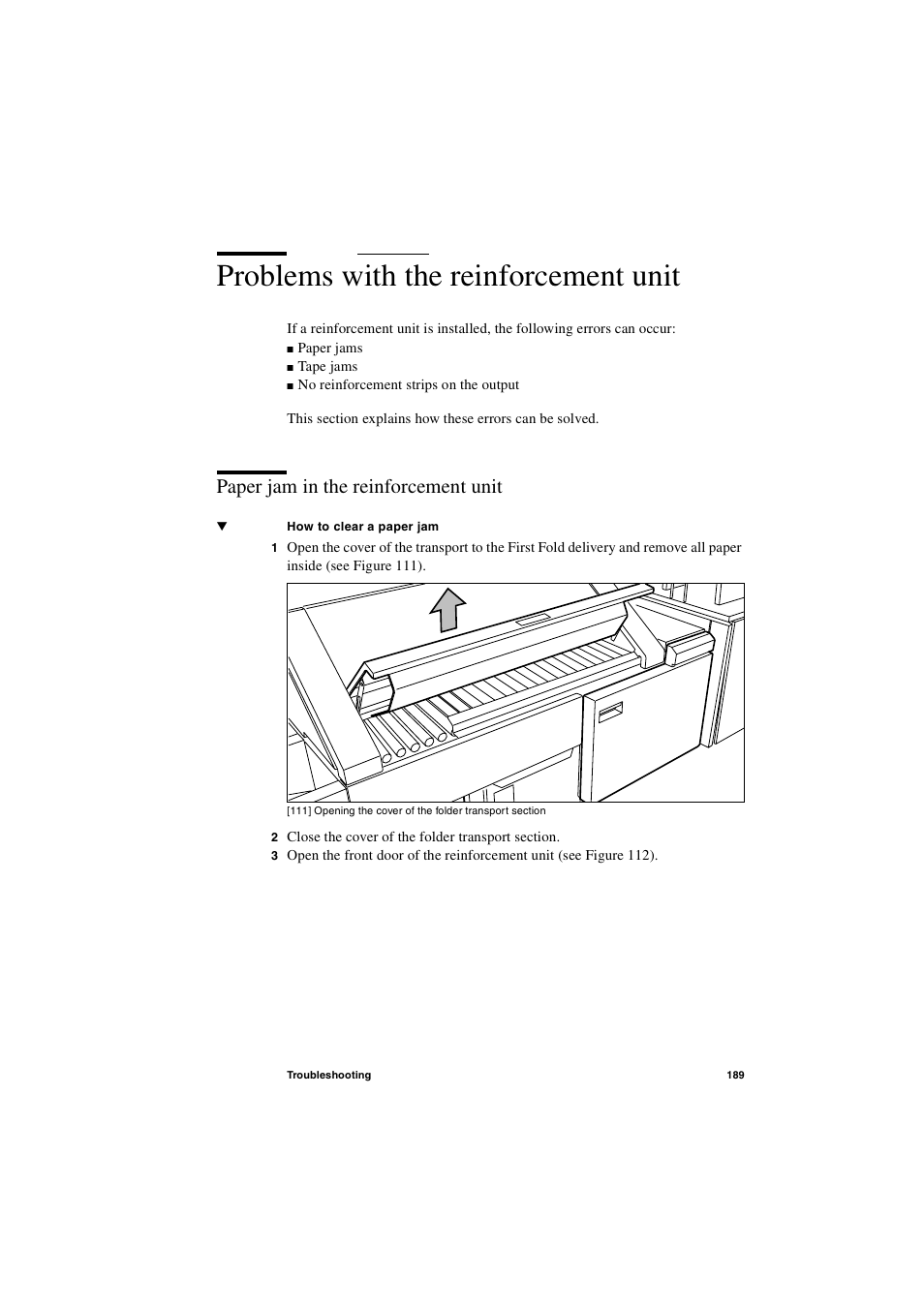 Problems with the reinforcement unit, Paper jam in the reinforcement unit, Problems with the reinforcement unit 189 | Paper jam in the reinforcement unit 189 | IBM Oce TDS400 User Manual | Page 189 / 239