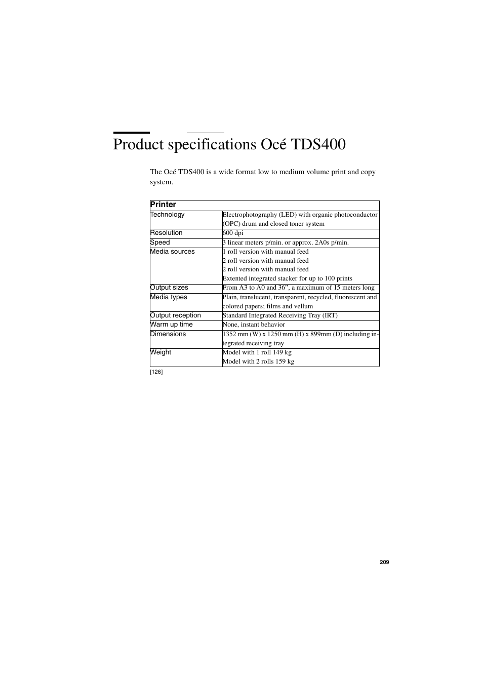 Product specifications océ tds400, Product specifications océ tds400 209 | IBM Oce TDS400 User Manual | Page 209 / 239