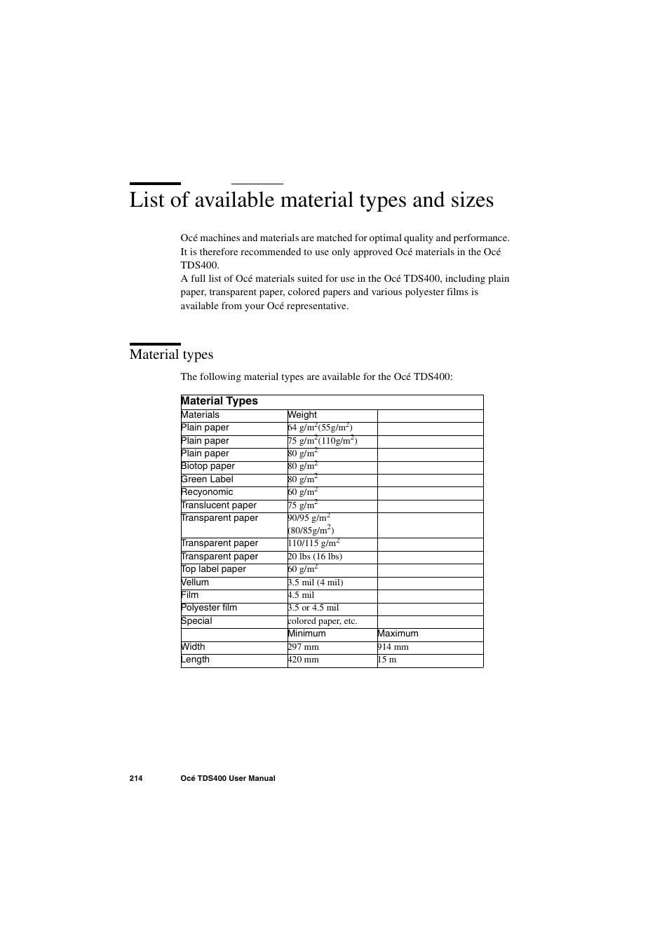 List of available material types and sizes, Material types, List of available material types and sizes 214 | Material types 214, List of available material types and | IBM Oce TDS400 User Manual | Page 214 / 239