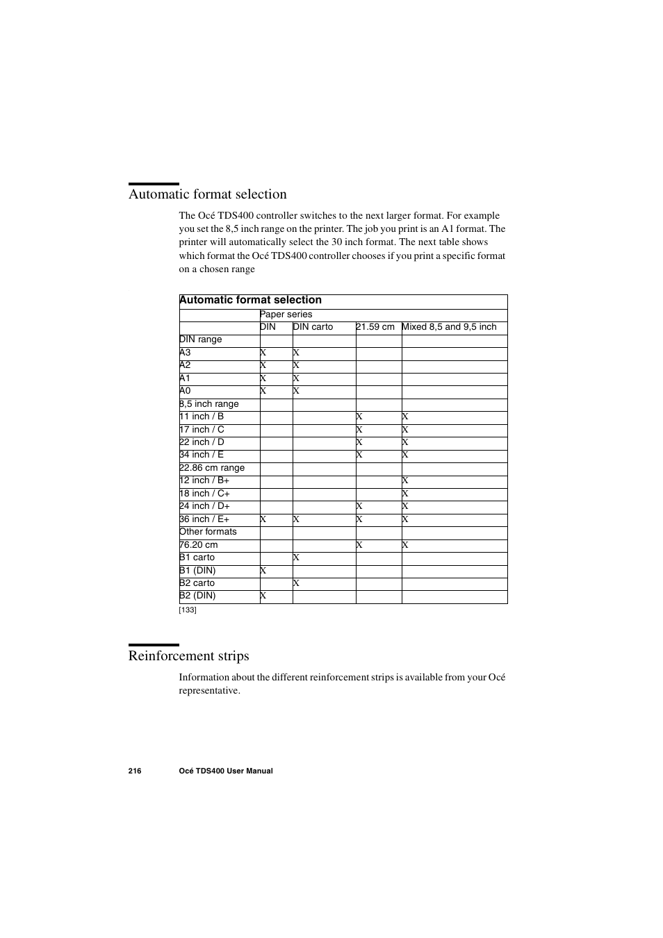 Automatic format selection, Reinforcement strips | IBM Oce TDS400 User Manual | Page 216 / 239