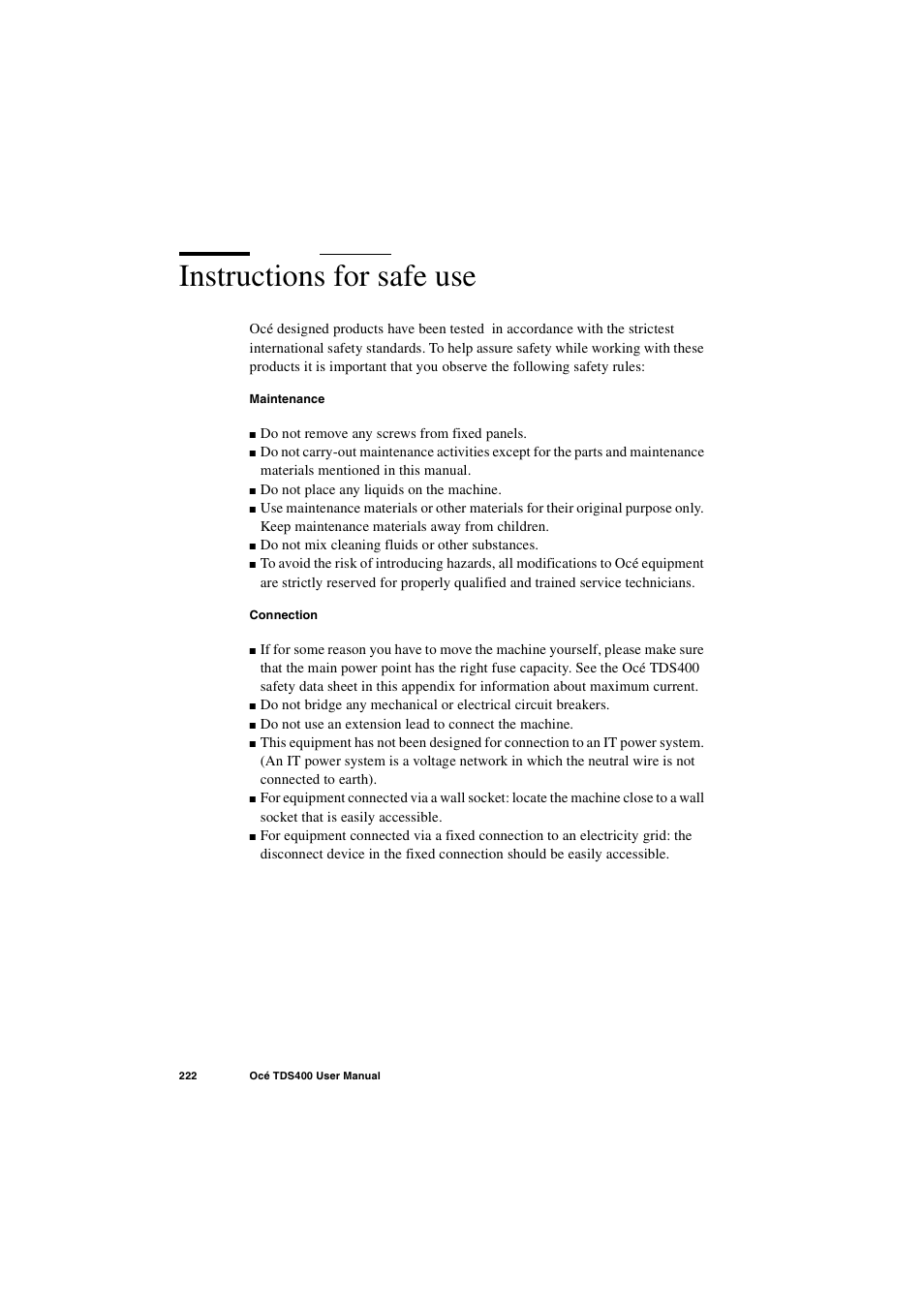 Instructions for safe use, Instructions for safe use 222 | IBM Oce TDS400 User Manual | Page 222 / 239