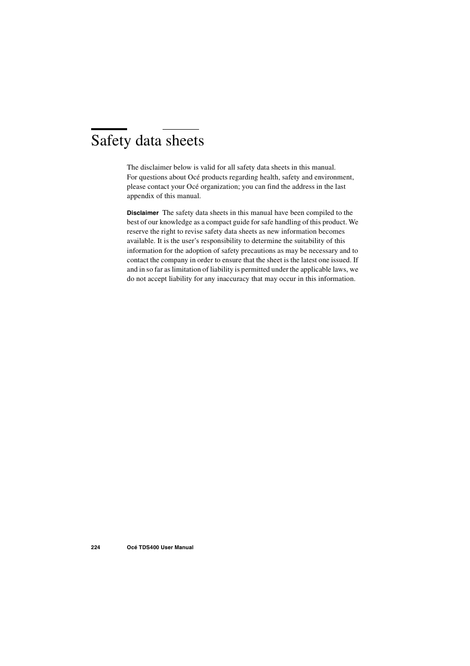 Safety data sheets, Safety data sheets 224 | IBM Oce TDS400 User Manual | Page 224 / 239