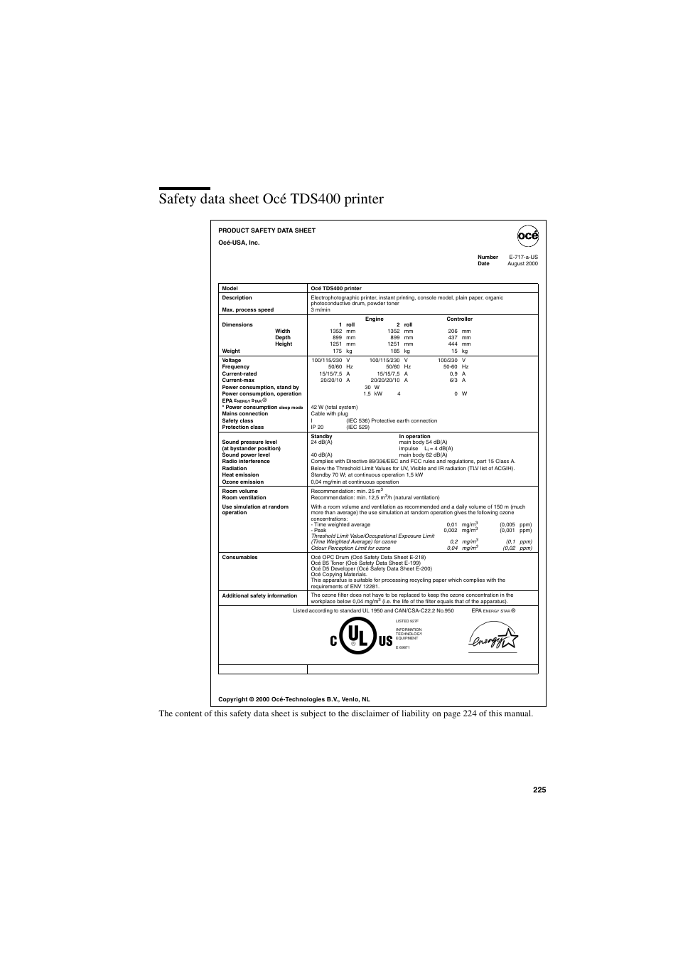 Safety data sheet océ tds400 printer, Safety data sheet océ tds400 printer 225 | IBM Oce TDS400 User Manual | Page 225 / 239