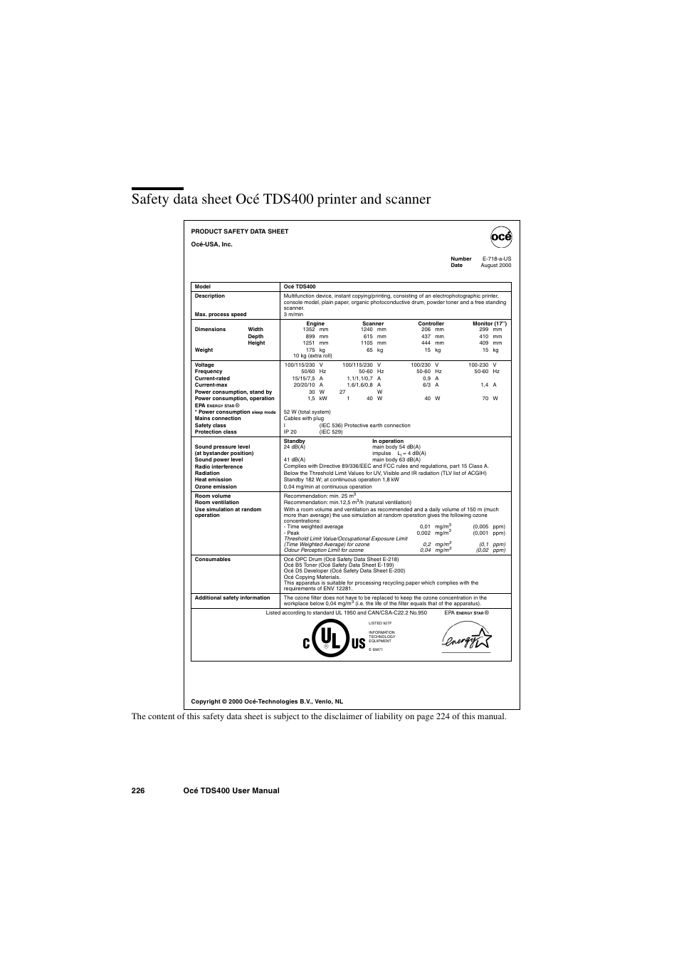 Safety data sheet océ tds400 printer and scanner | IBM Oce TDS400 User Manual | Page 226 / 239