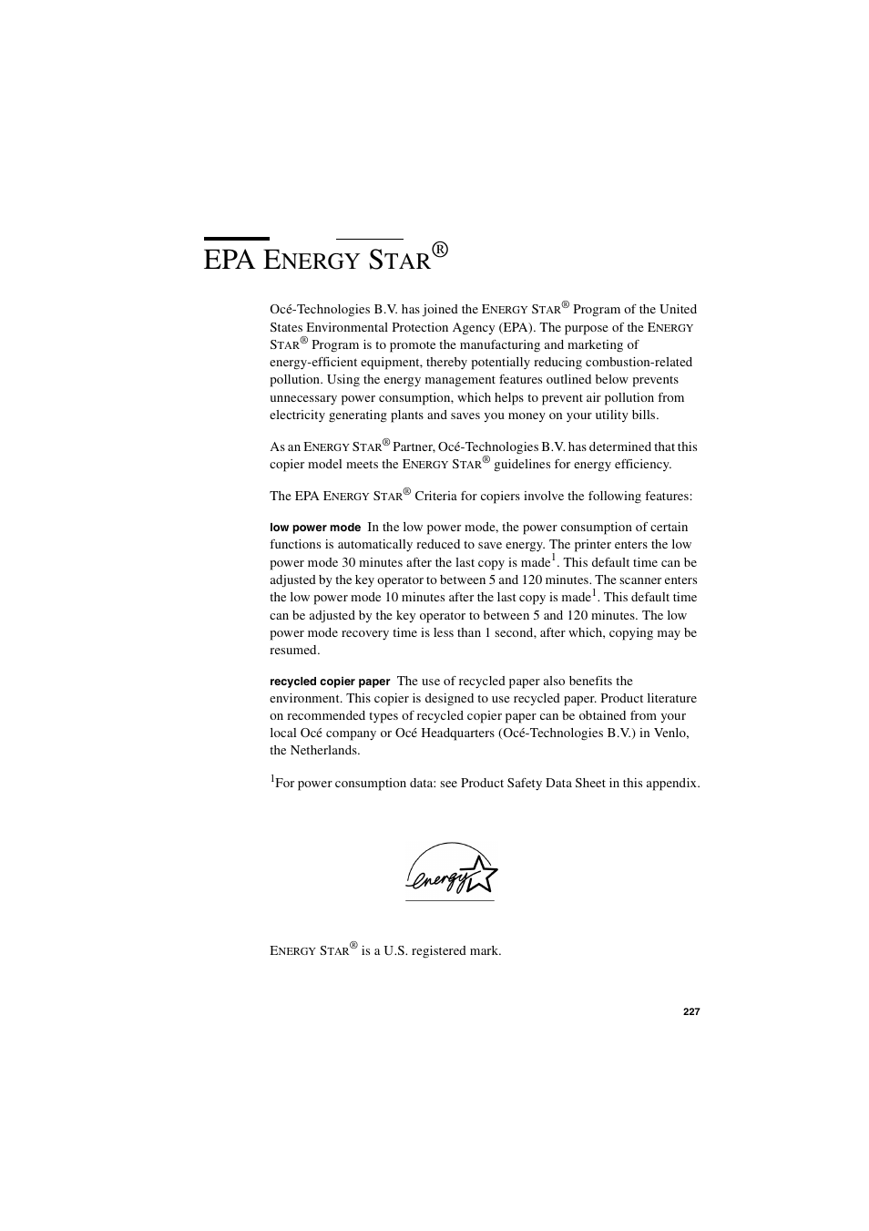 Epa energy star, Epa energy star® 227, Epa e | Nergy | IBM Oce TDS400 User Manual | Page 227 / 239