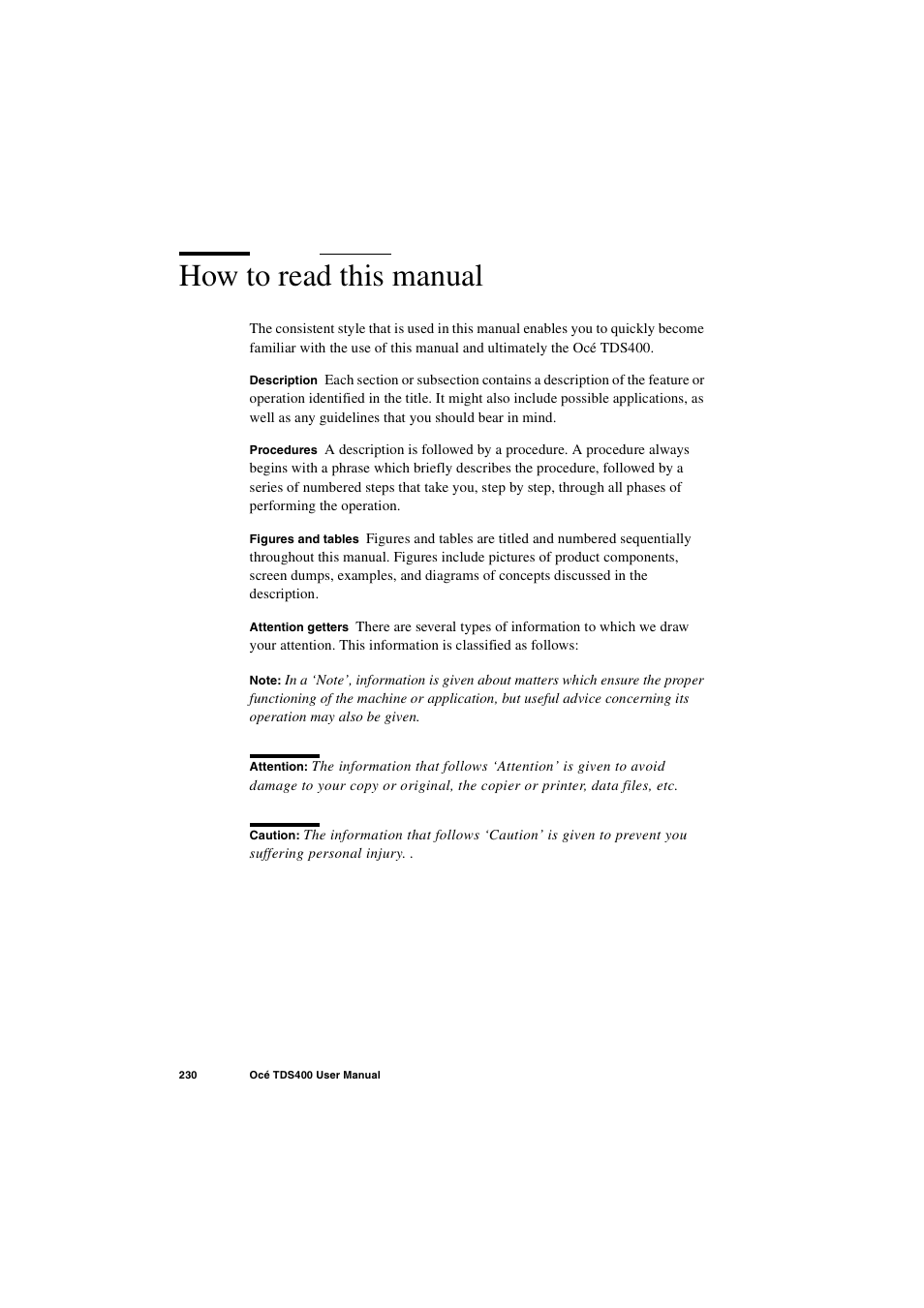 How to read this manual, How to read this manual 230 | IBM Oce TDS400 User Manual | Page 230 / 239