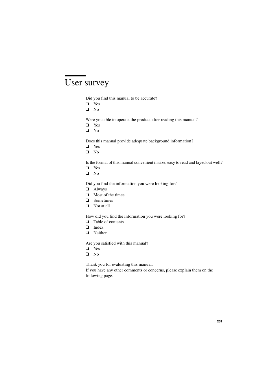 User survey, User survey 231 | IBM Oce TDS400 User Manual | Page 231 / 239