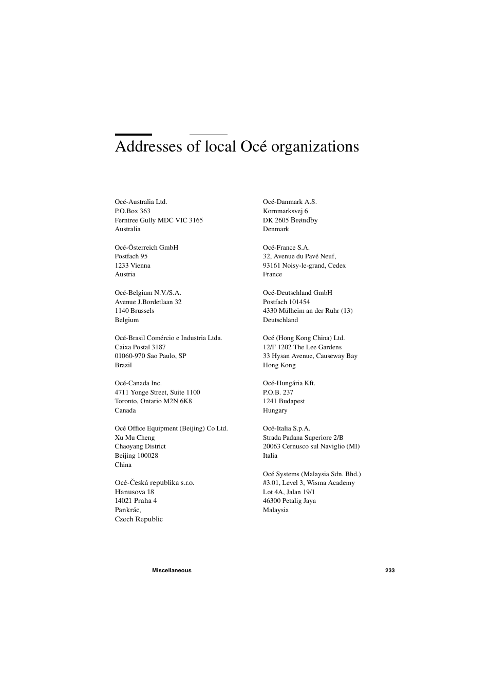 Addresses of local océ organizations, Addresses of local océ organizations 233 | IBM Oce TDS400 User Manual | Page 233 / 239