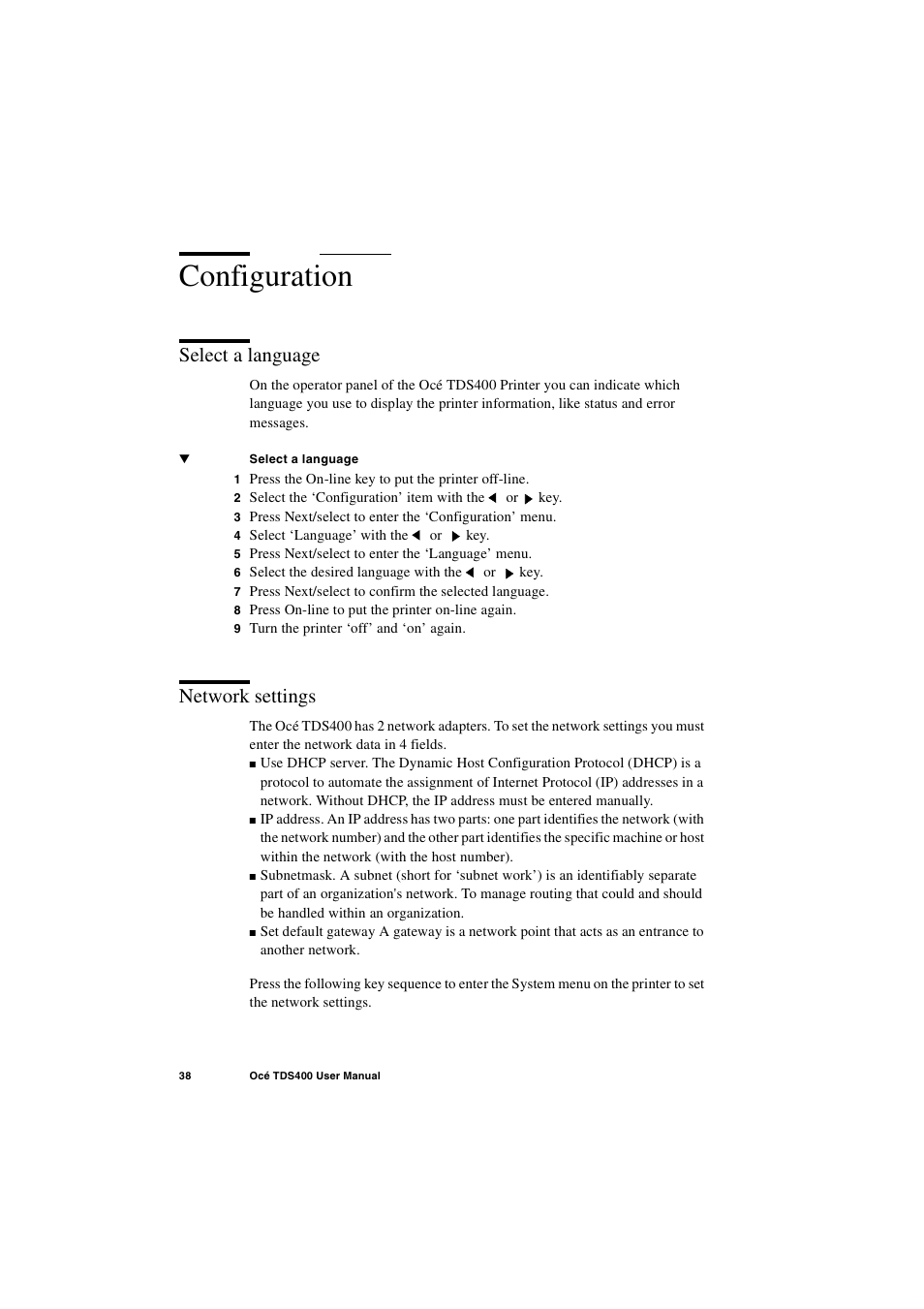 Configuration, Select a language, Network settings | Configuration 38, Select a language 38 network settings 38 | IBM Oce TDS400 User Manual | Page 38 / 239