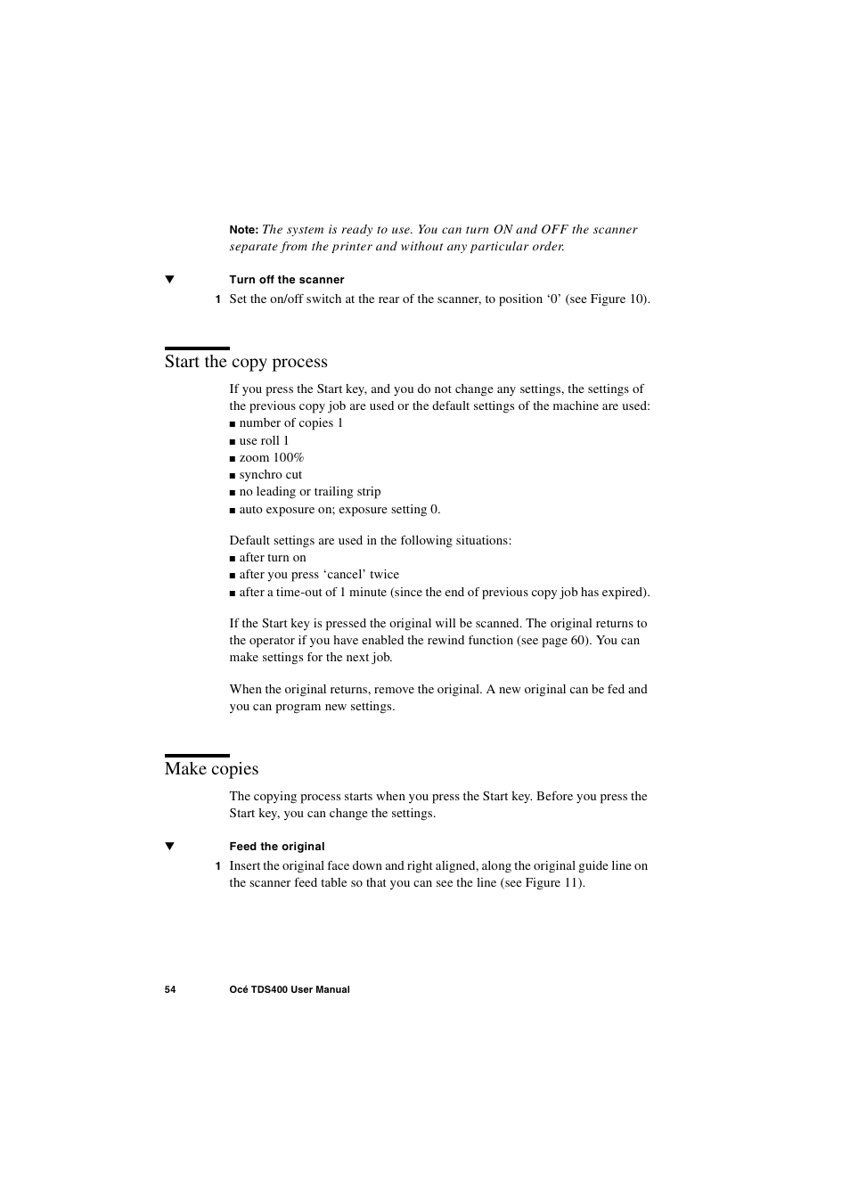 Start the copy process, Make copies, Start the copy process 54 make copies 54 | IBM Oce TDS400 User Manual | Page 54 / 239