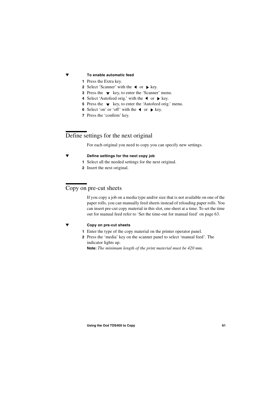 Define settings for the next original, Copy on pre-cut sheets | IBM Oce TDS400 User Manual | Page 61 / 239