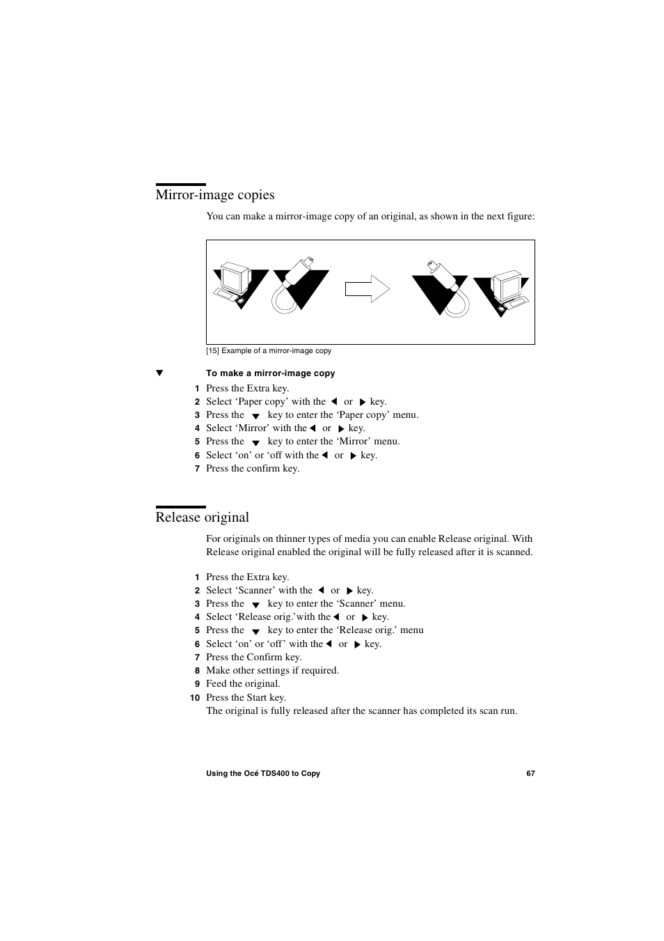 Mirror-image copies, Release original, Mirror-image copies 67 release original 67 | IBM Oce TDS400 User Manual | Page 67 / 239