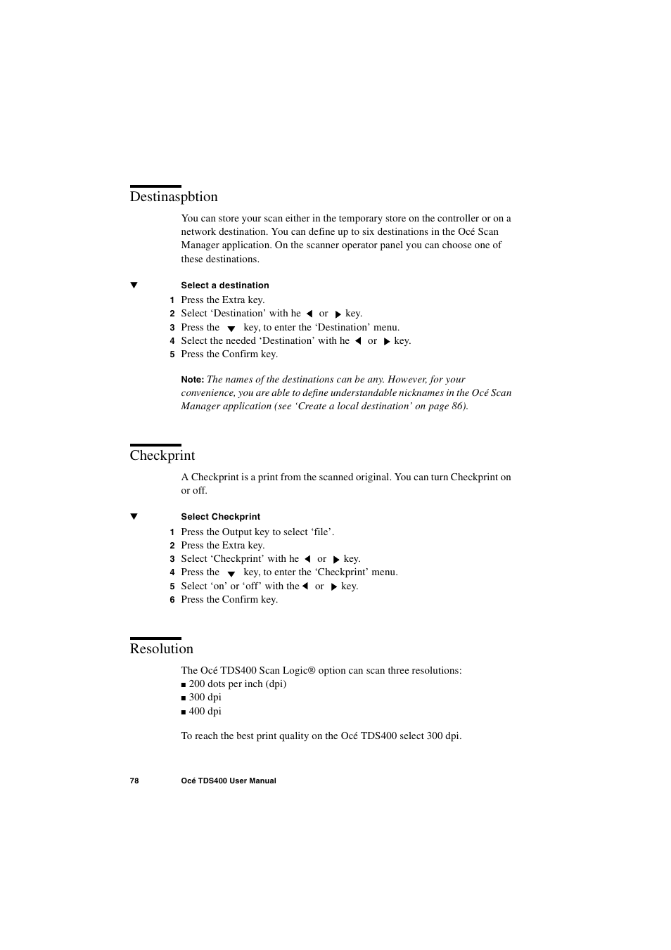 Destinaspbtion, Checkprint, Resolution | Destinaspbtion 78 checkprint 78 resolution 78 | IBM Oce TDS400 User Manual | Page 78 / 239