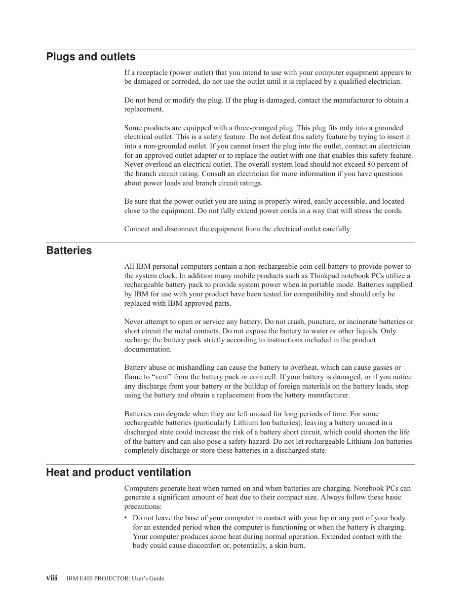 Plugs and outlets, Batteries, Heat and product ventilation | Plugs, Outlets, Viii, Heat, Product, Ventilation | IBM E400 User Manual | Page 10 / 74