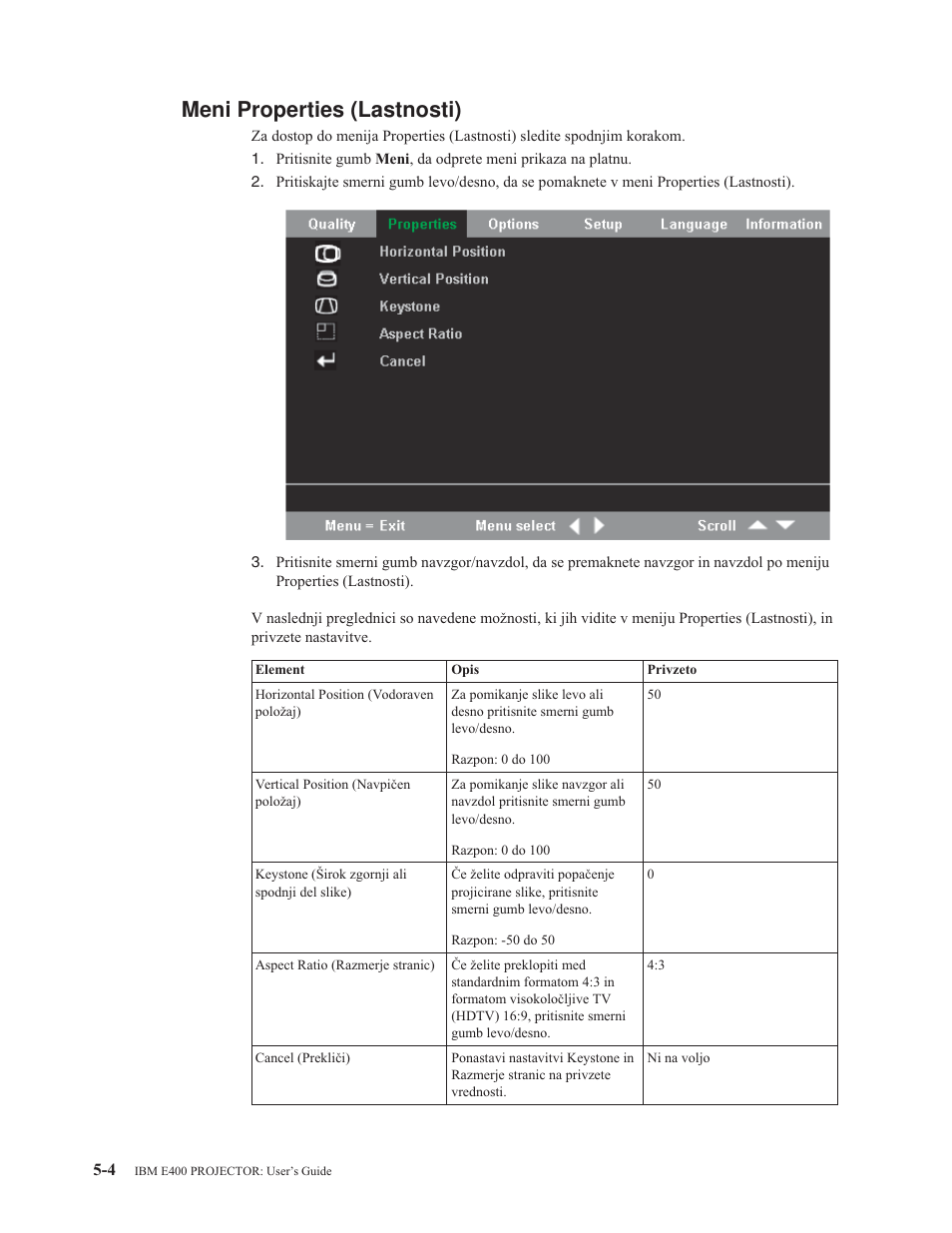 Meni properties (lastnosti), Meni, Properties | Lastnosti) | IBM E400 User Manual | Page 34 / 74