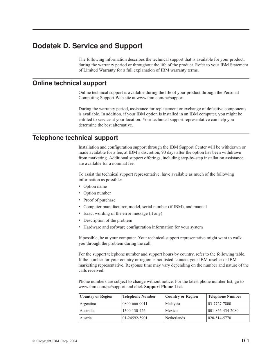 Dodatek d. service and support, Online technical support, Telephone technical support | Dodatek, Service, Support, Strani, Online, Technical, Telephone | IBM E400 User Manual | Page 49 / 74