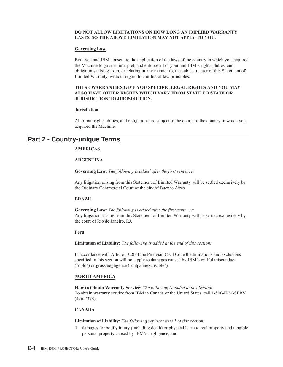 Part 2 - country-unique terms, Part, Country-unique | Terms | IBM E400 User Manual | Page 54 / 74