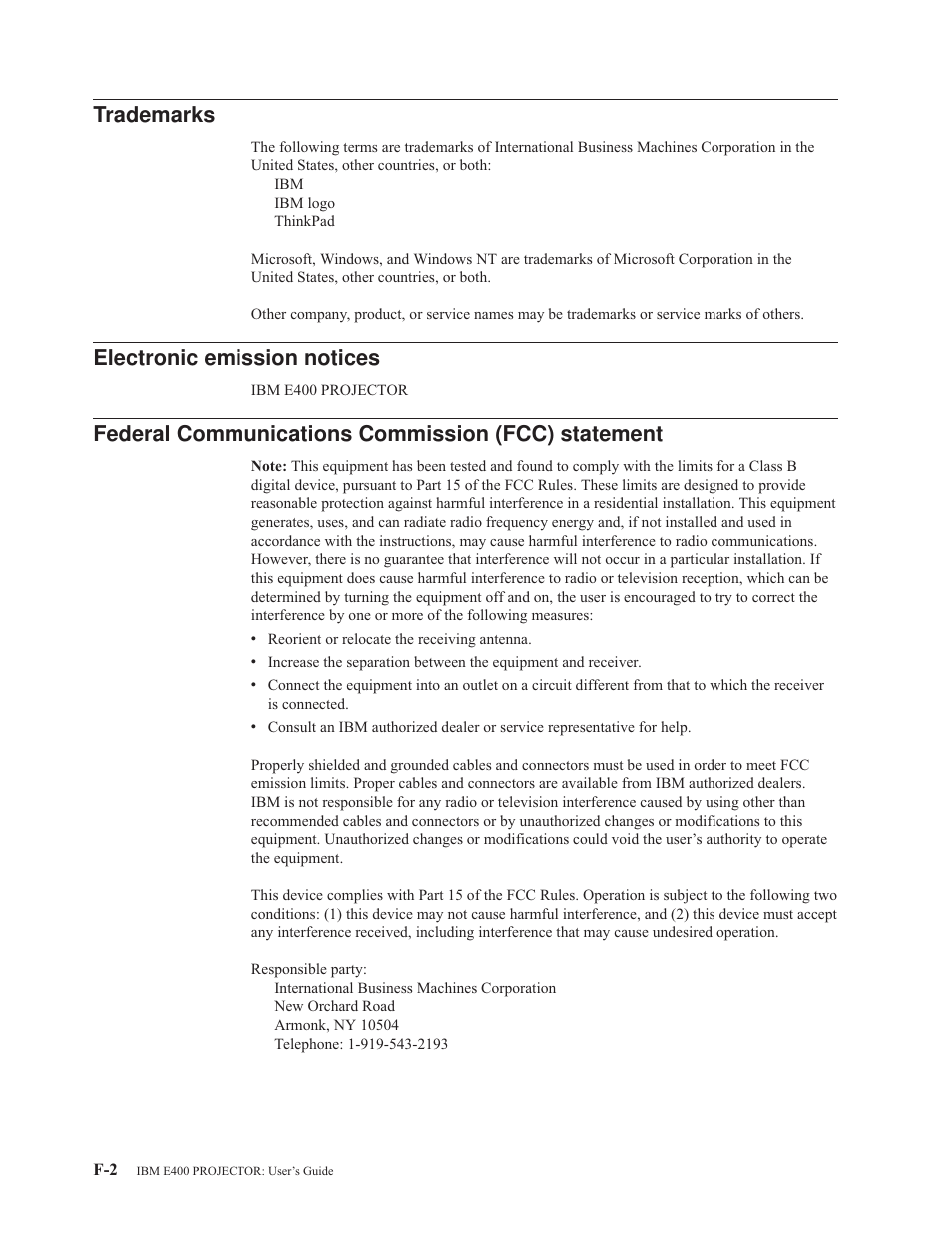 Trademarks, Electronic emission notices, Federal communications commission (fcc) statement | Electronic, Emission, Notices, Federal, Communications, Commission, Fcc) | IBM E400 User Manual | Page 68 / 74