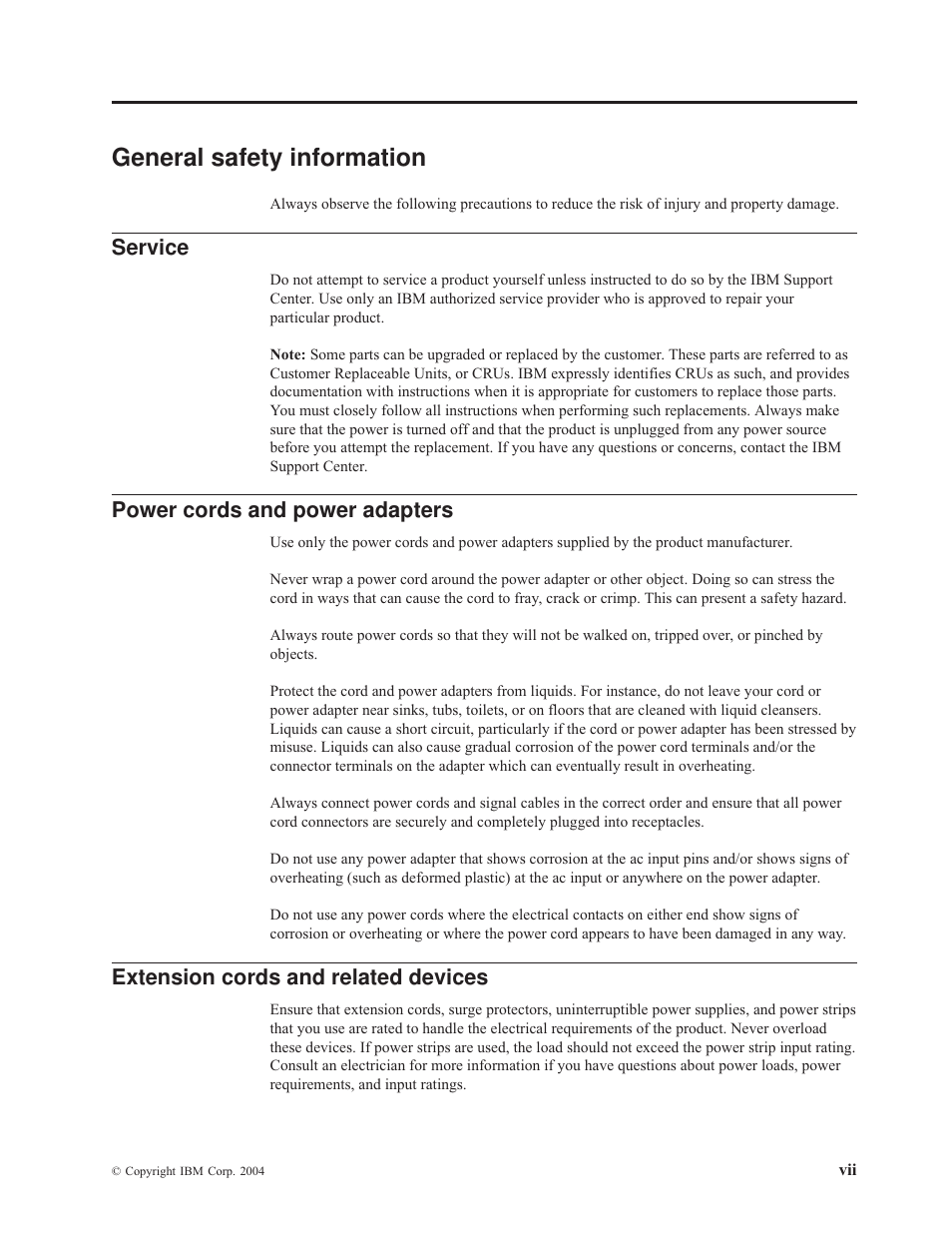 General safety information, Service, Power cords and power adapters | Extension cords and related devices, General, Safety, Information, Power, Cords, Adapters | IBM E400 User Manual | Page 9 / 74