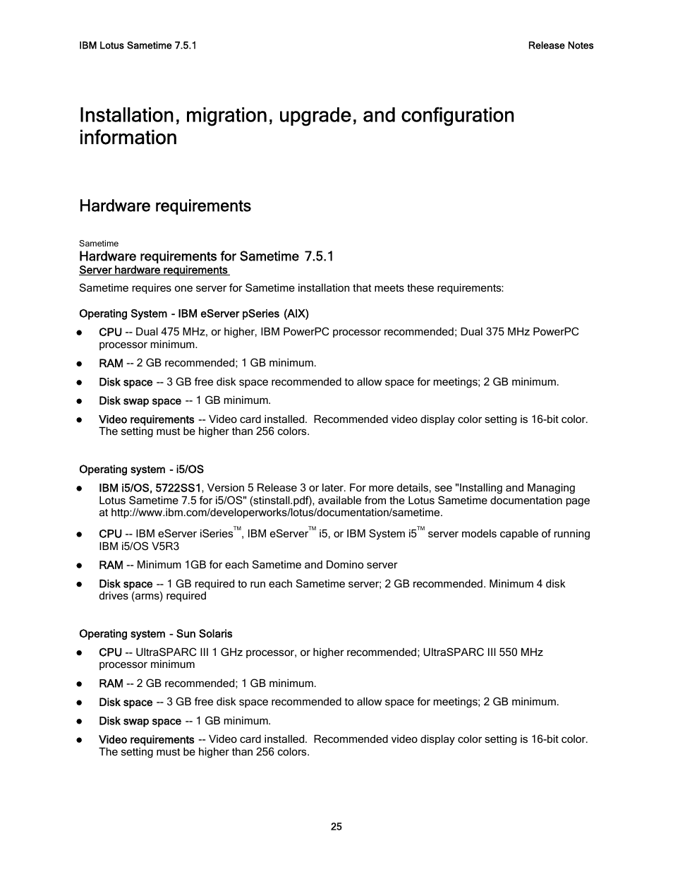 Hardware requirements, Hardware requirements for sametime 7.5.1 | IBM G325-2585-02 User Manual | Page 31 / 90
