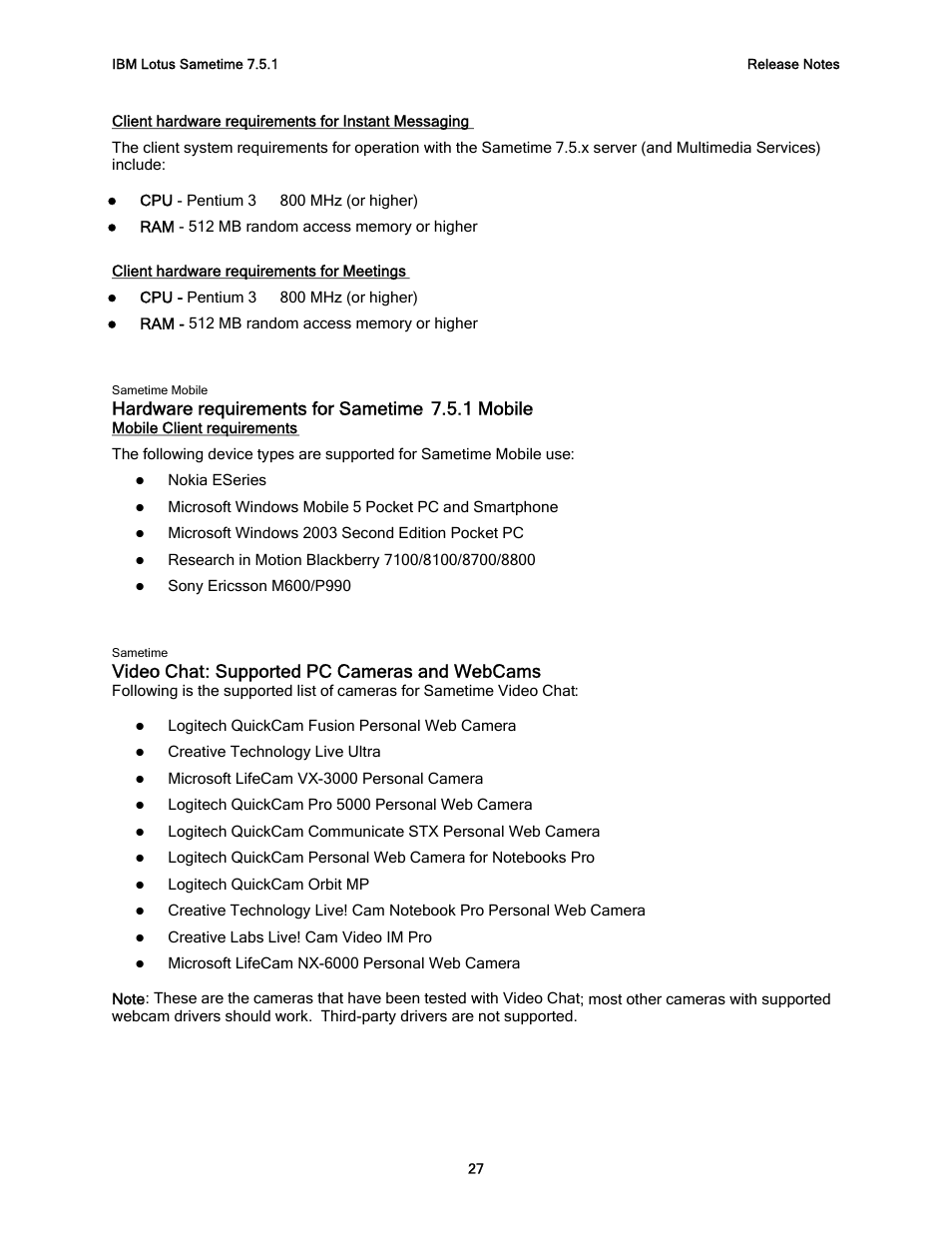 Hardware requirements for sametime 7.5.1 mobile, Video chat: supported pc cameras and webcams | IBM G325-2585-02 User Manual | Page 33 / 90