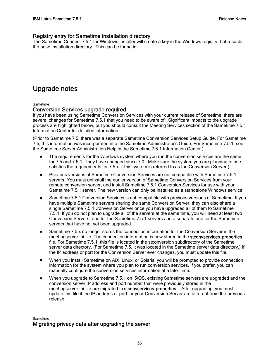 Registry entry for sametime installation directory, Upgrade notes, Conversion services upgrade required | Migrating privacy data after upgrading the server | IBM G325-2585-02 User Manual | Page 42 / 90