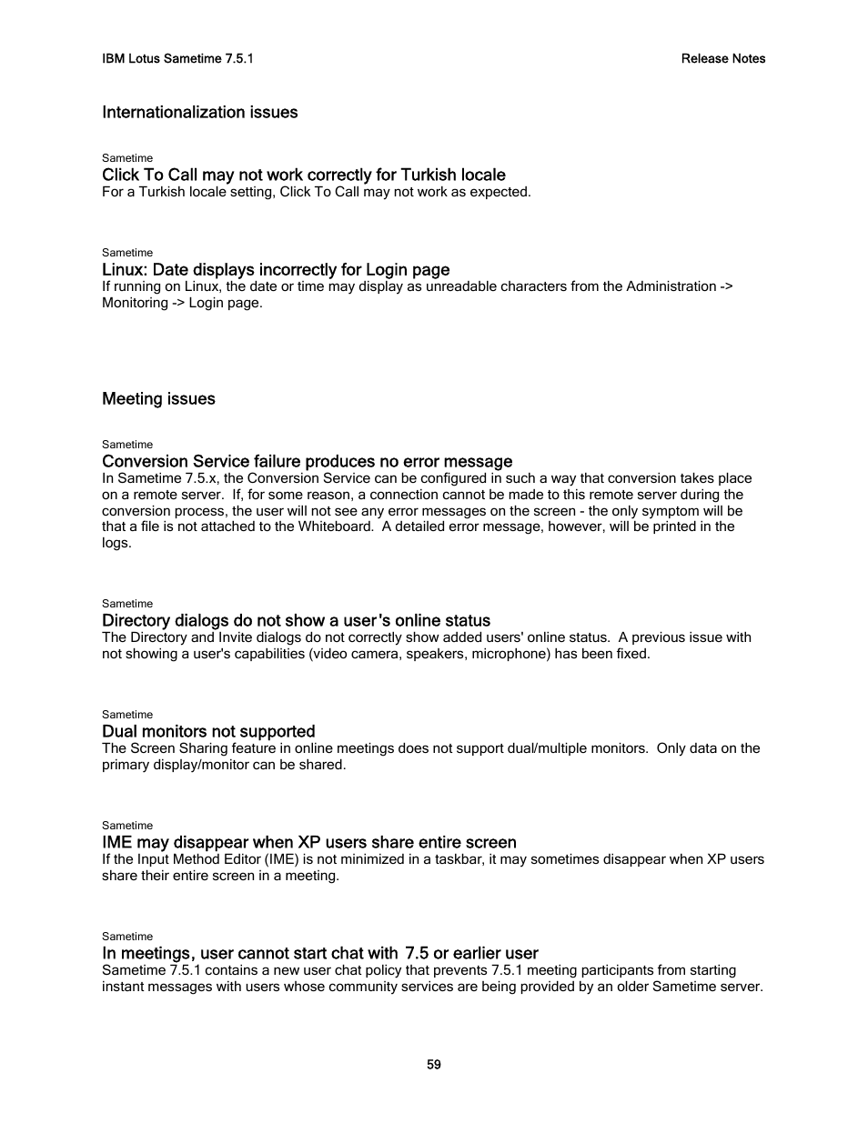Internationalization issues, Meeting issues, Dual monitors not supported | IBM G325-2585-02 User Manual | Page 65 / 90
