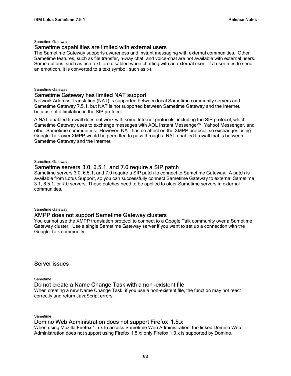Sametime gateway has limited nat support, Xmpp does not support sametime gateway clusters, Server issues | IBM G325-2585-02 User Manual | Page 69 / 90